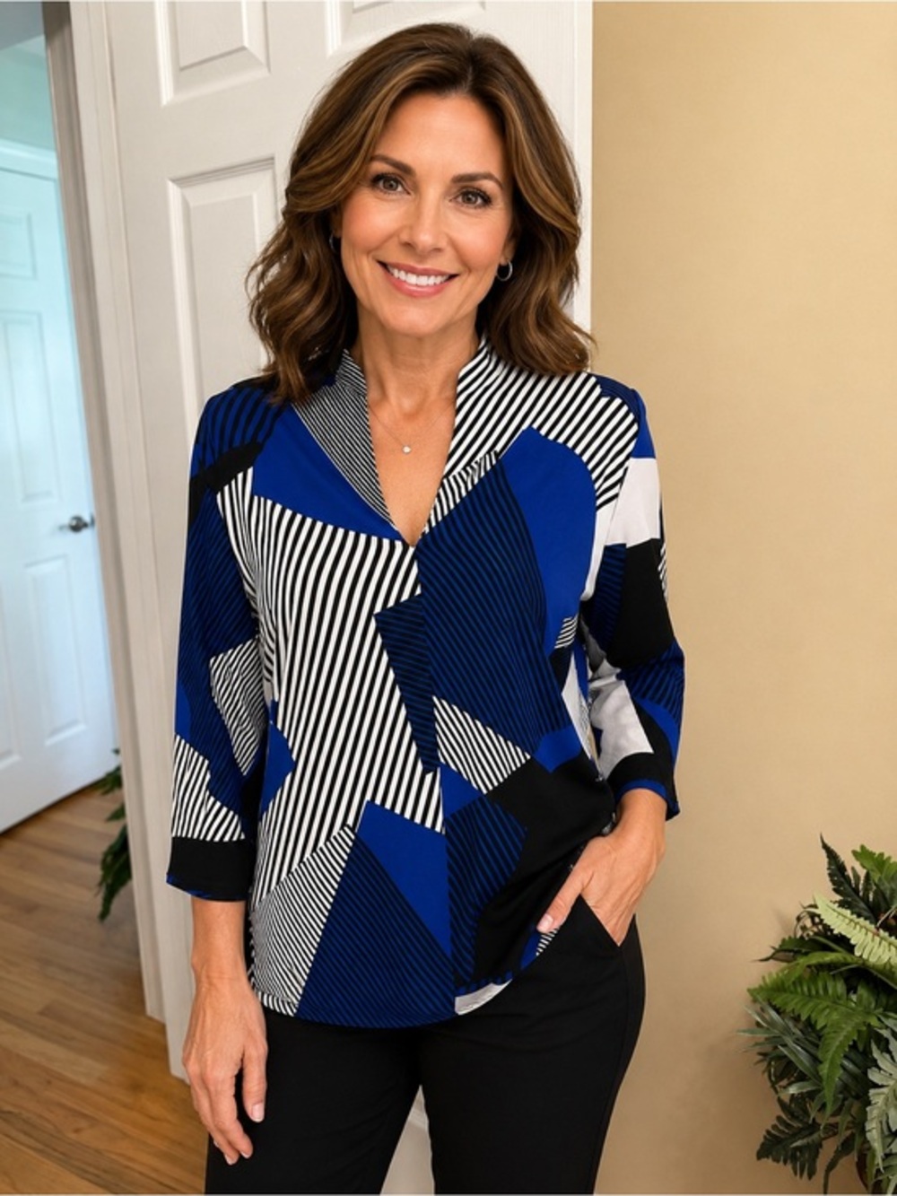 Premise Blue Black White Geometric V-Neck Blouse